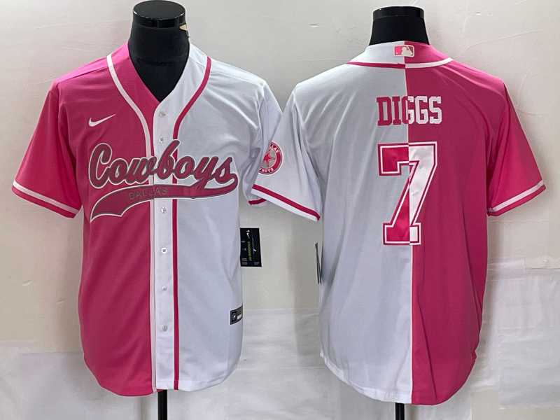 Mens Dallas Cowboys #7 Trevon Diggs Pink White Two Tone With Patch Cool Base Stitched Baseball Jersey